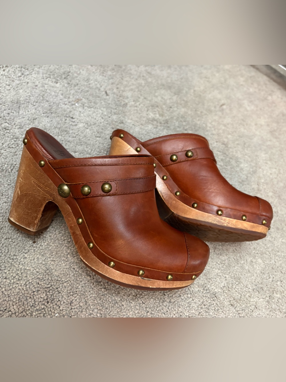 UGG Chestnut Brown Leather Studded Clog Mules - Picture 3 of 6